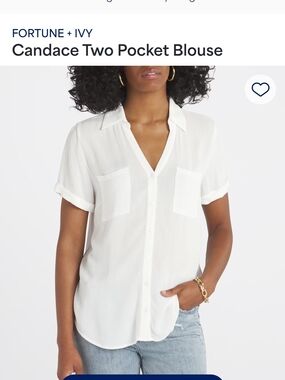 Fortune + Ivy White V-Neck Button Down Blouse with Pockets
